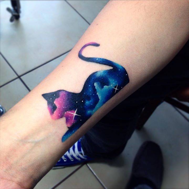 Cat tattoo with cosmic pattern