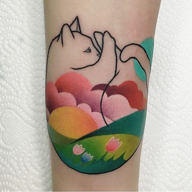 Colorful cat tattoo