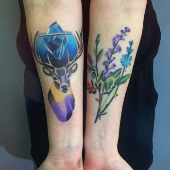Deer and flower tattoo on the arms