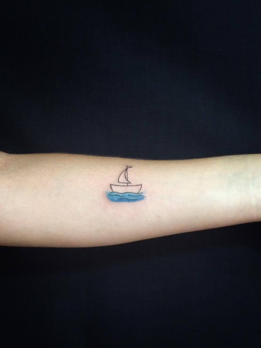 Tattoo tagged with: small, jakubnowicz, grey, black, tiny, travel, little,  medium size, full rigged ship, upper arm, fine line | inked-app.com