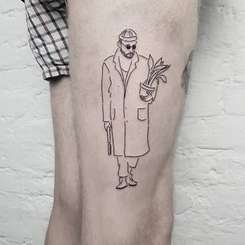 An outline guy with a pot and a gun tattoo