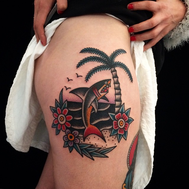 Tattoo uploaded by Stacie Mayer • Beach themed neo traditional piece by  Clare Clarity. #neotraditional #beach #palmtree #shells #flowers  #ClareClarity • Tattoodo