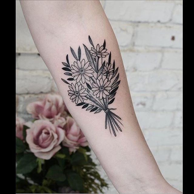 Beautiful black delicate flower bouquet tattoo
