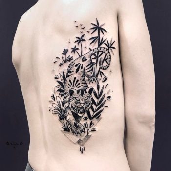 Black dotwork tiger tattoo