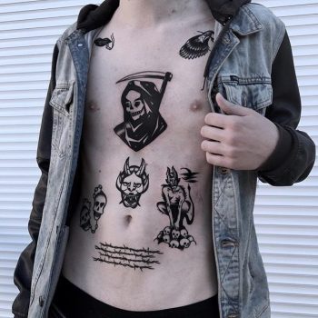 Black tattoos all over the front