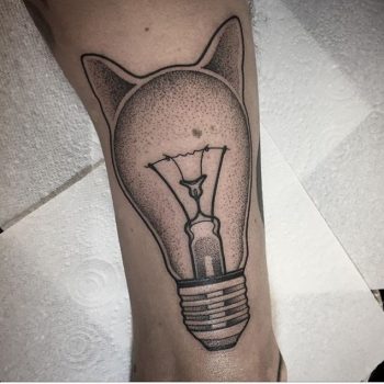 Cat head lightbulb tattoo