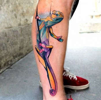 Chameleon tattoo on the calf