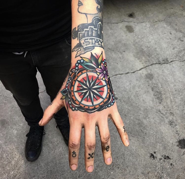Classic compass tattoo on the hand