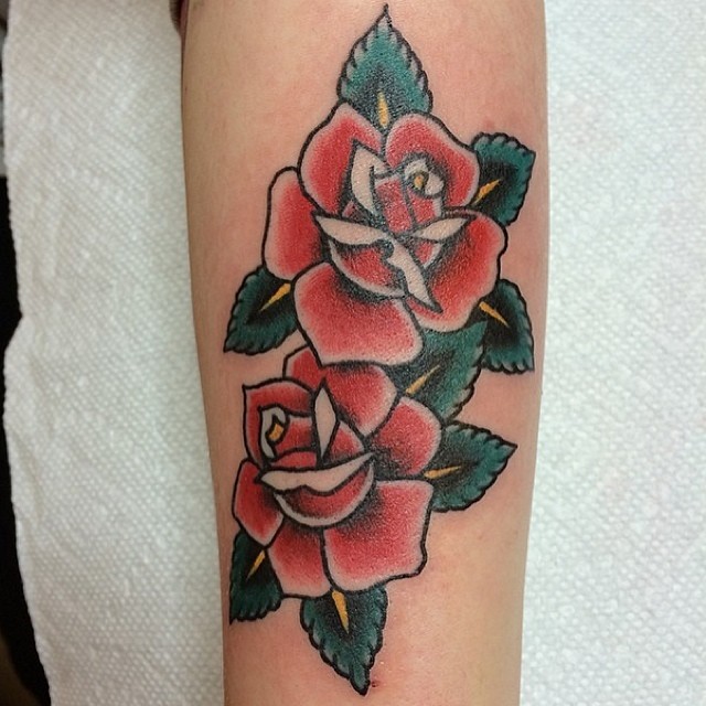 Double traditional rose tattoo