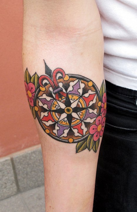 Floral mandala compass tattoo