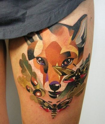 Geometric fox tattoo on thigh