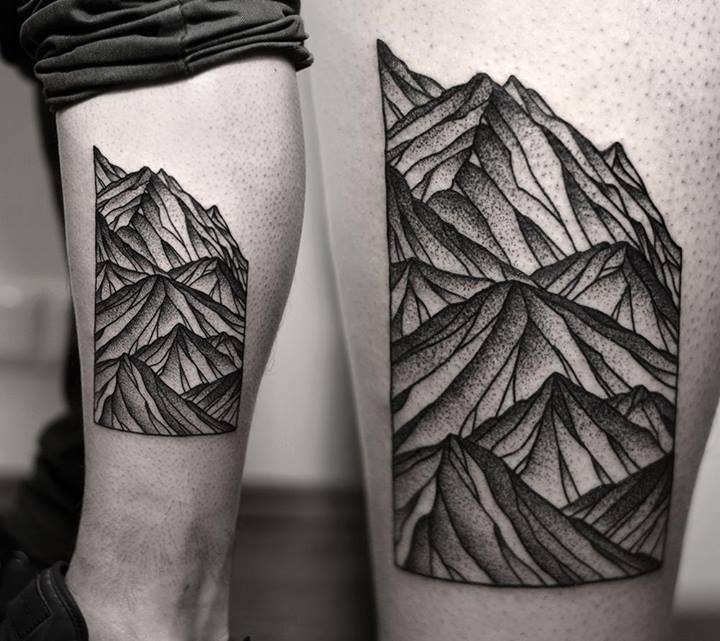 Geometric mountains tattoo on the shin