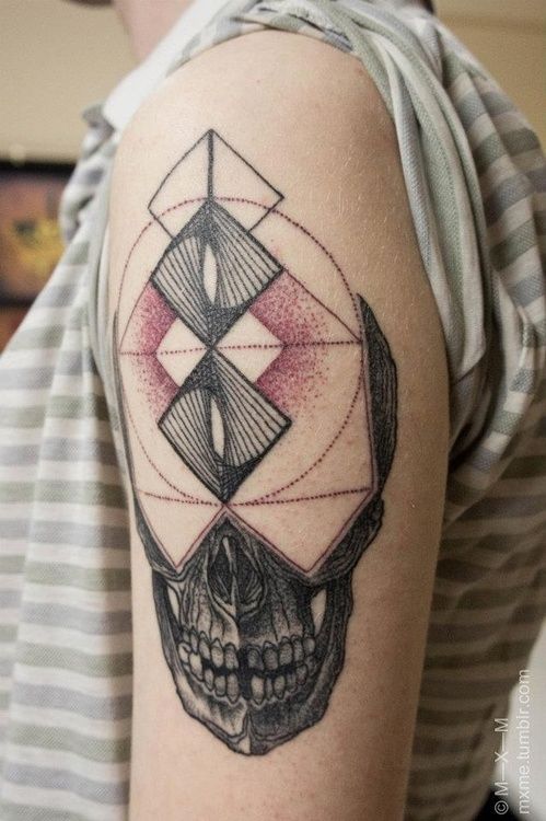 Half skull and geometric tattoo
