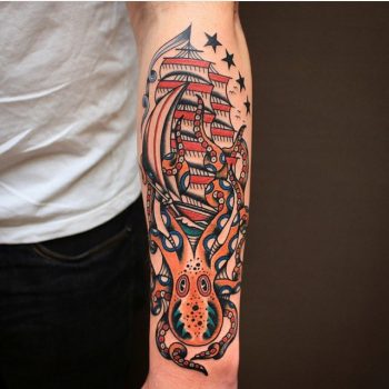 Octopus and sailing vessel tattoo