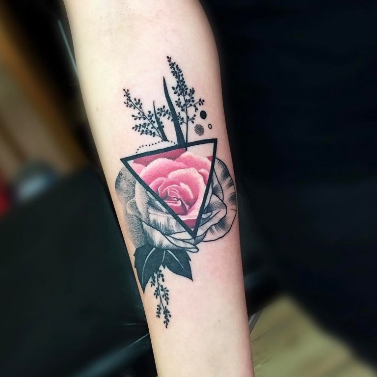 Rose tattoo in a triangle.