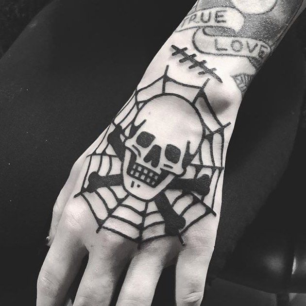 Skull bones and spider web tattoo
