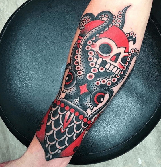 Squid and skull tattoo