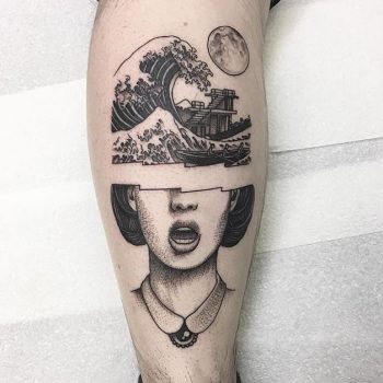 The great wawe of kanagawa and half face tattoo