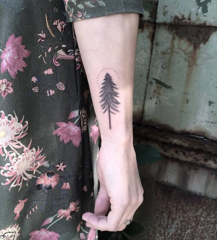 Tiny fir tree tattoo on the right forearm