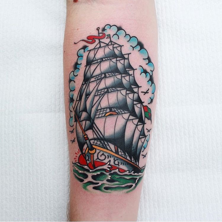 KREA - A magical pirate ship tattoo design on white background, hyper  realistic shaded tattoo, award winning tattoo