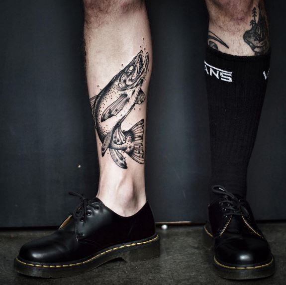 Trout tattoo on the right shin