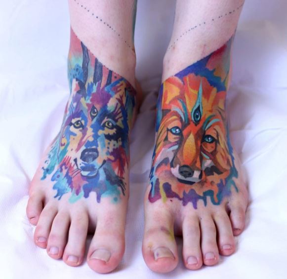 Watercolor wolf and fox tattoos