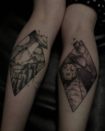 Alien abduction and planet landscape tattoos