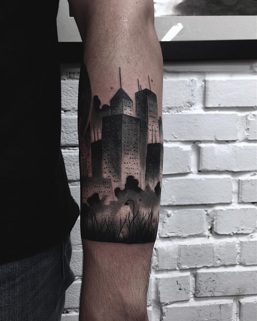Blackwork city tattoo