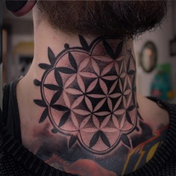 Blackwork sacred geometry neck tattoo