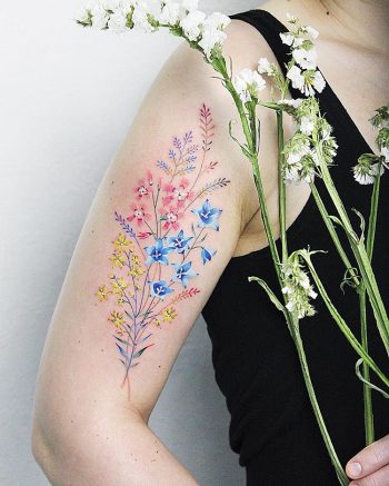 Colorful floral piece on the right arm