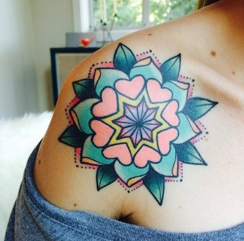 Colorful mandala tattoo on the shoulder