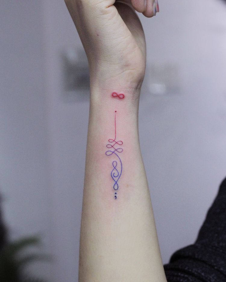 Colorful unalome and infinity symbol tattoo