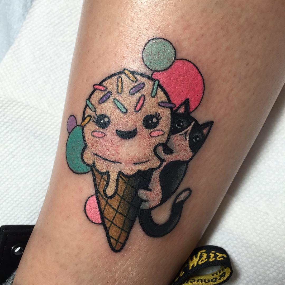 Cute ice cream cone and cat tattoo