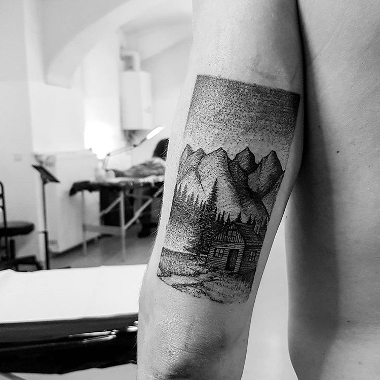 Planet and Landscape Dotwork Tattoo Design – Tattoos Wizard Designs
