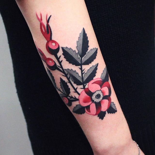 Gorgeous black grey and red flower tattoo