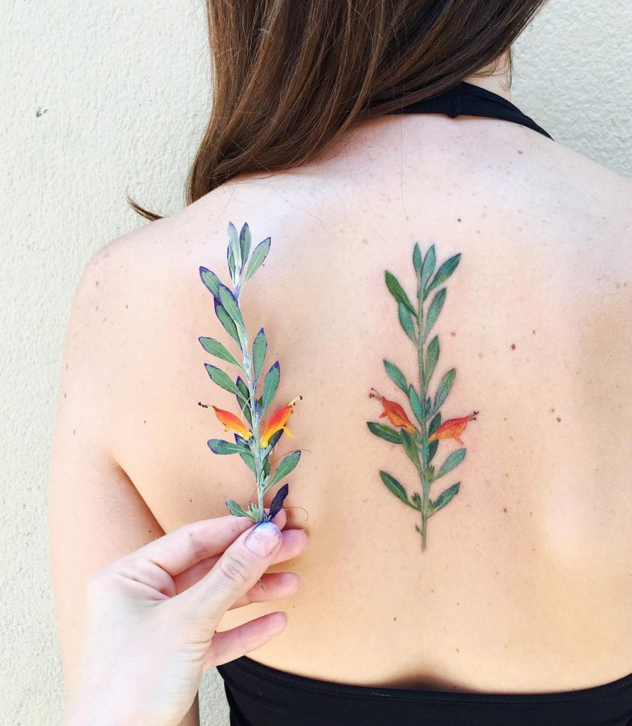 Hyper realistic plant tattoo on the back