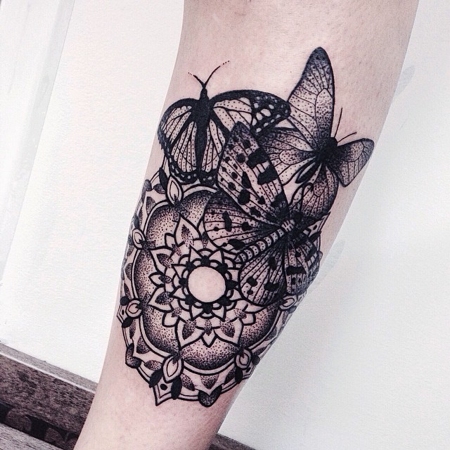 Mandala and three butterflies tattoo