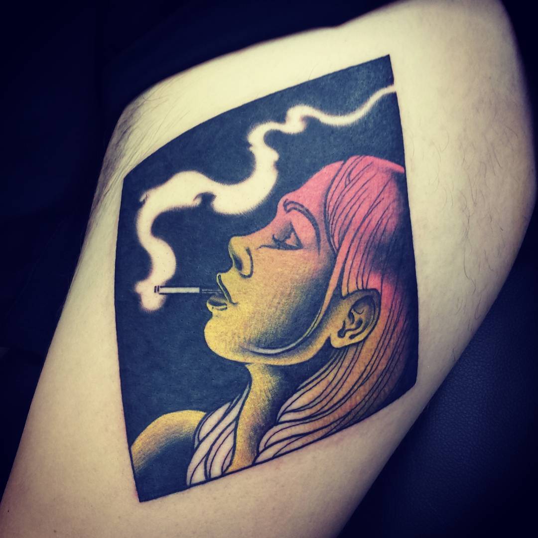 Neo traditional smoking lady tattoo