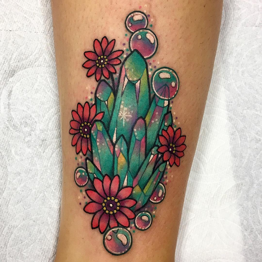 Neotraditional crystal and bubbles tattoo