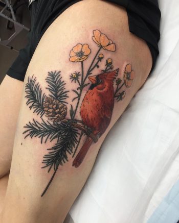 Northern cardinal sitting on a branch tattoo