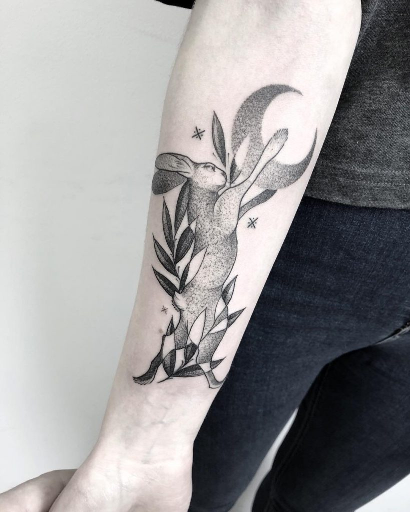 Rabbit and crescent moon tattoo