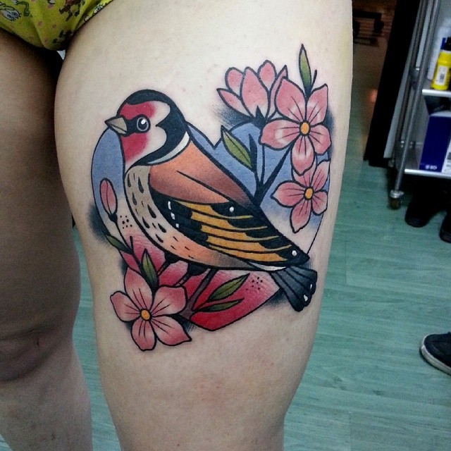 Traditional style european goldfinch tattoo