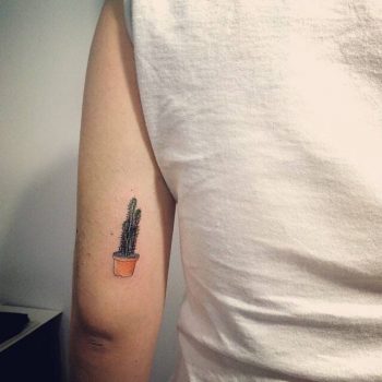 Cactus in a pot tattoo on the back of the left arm