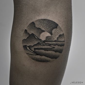 Dotwork style circular landscape