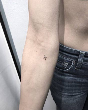 Micro airplane tattoo on the forearm
