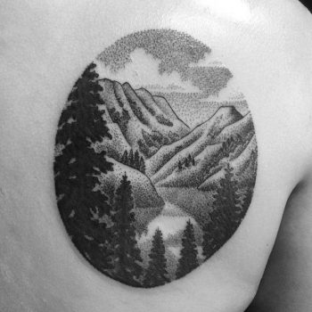 Mountainous landscape on the back