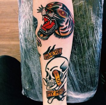 Old school skull and panther tattoos