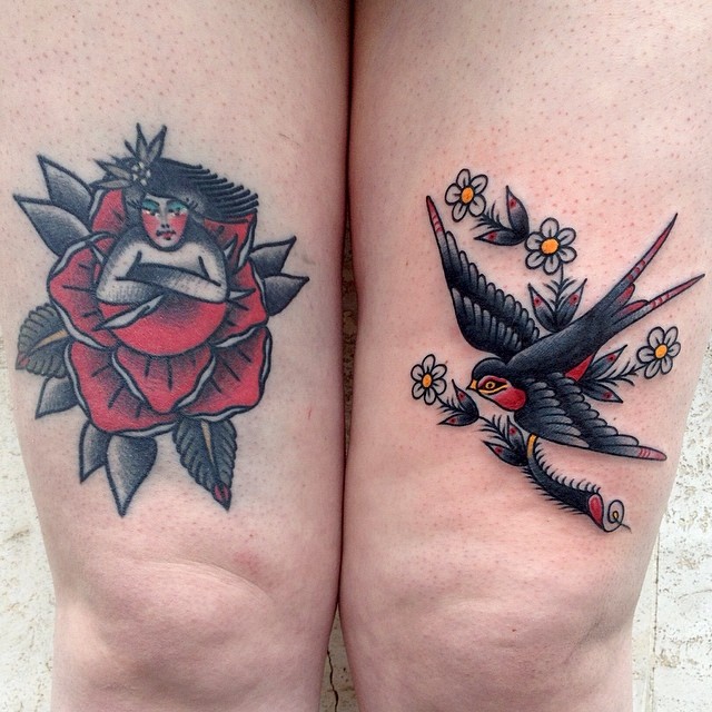 Swallow and rose traditional tattoos