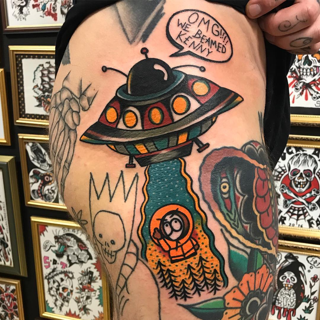 Traditional style alien abduction tattoo
