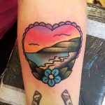 Traditional style shore landscape tattoo